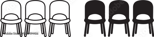 Two sets of three chairs, one in outline and one in solid black, on a white and black background Keywords: chair, seating, furniture, interior, object, icon, symbol, on transparent background
