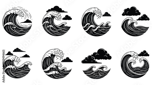 Circular wave designs with cloud elements a repeating monochrome pattern