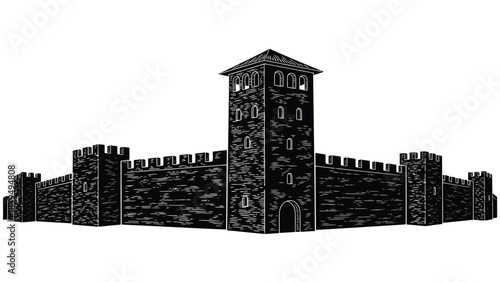 Detailed illustration of a dark stone castle with a central tower design
