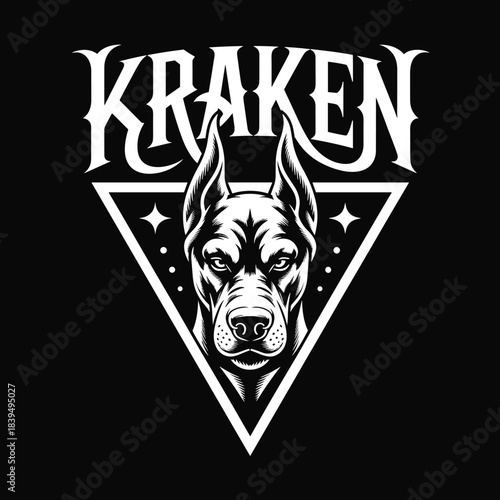 Aggressive Doberman Dog Head Illustration Inside a Triangle, With "KRAKEN" Gothic Typography, Perfect for Vintage Tattoo or Biker T-Shirt Print.