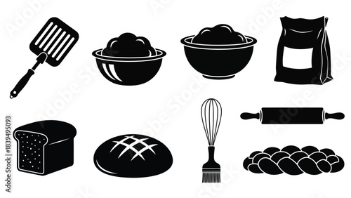 Baking essentials a collection of tools and baked goods in black silhouette