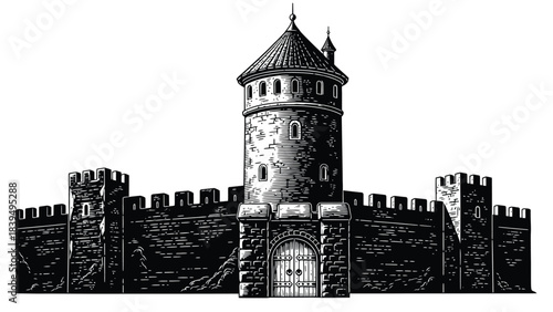 Detailed black and white illustration of a medieval castle tower and wall