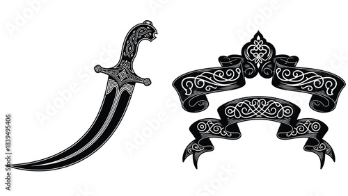 An ornate curved dagger and decorative floral scrollwork design in black and white