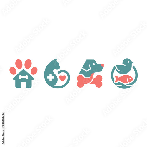 Modern Flat Pet Care Vector Icon Logo Set for Veterinary Animal Health Clinic Services, featuring teal and coral designs.