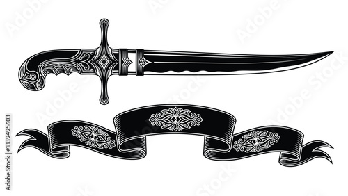 Elegant curved blade dagger with ornate details and decorative ribbon banner