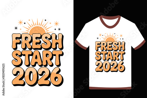 Retro sun graphic t shirt design with fresh start text