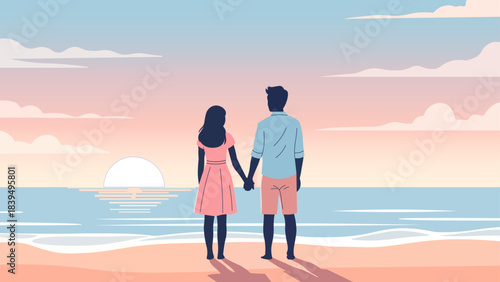 Couple holding hand on beach at sunset for love and honeymoon illustration