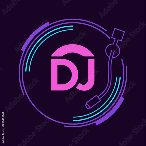 DJ logo with neon color for entertainment and music concept