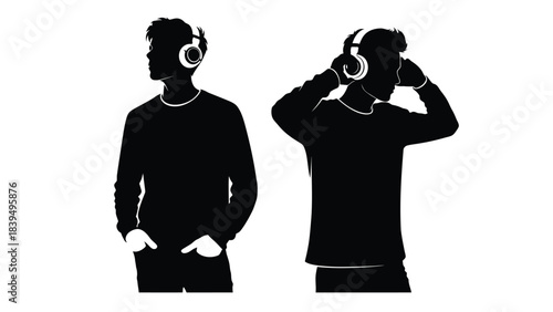 Silhouettes of two people wearing headphones enjoying music and modern lifestyle