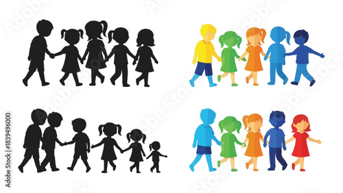 Diverse groups of children holding hands depicted in silhouette and vibrant color