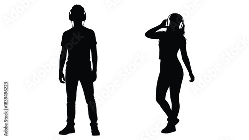 Silhouettes of two young women wearing headphones isolated on a white background