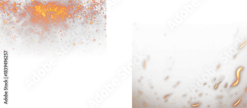 Bright golden orange glowing sparks and embers with smoky diffusion effect on a transparent white background overlay isolated on transparent background, Vector