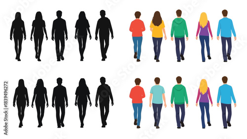 Diverse group of people walking silhouettes and colorful figures in a row