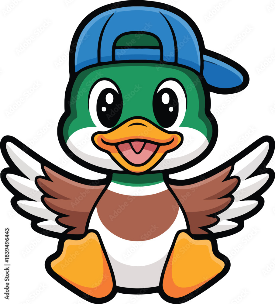 Fototapeta premium Cartoon duck wearing blue baseball cap with wings spread animal bird