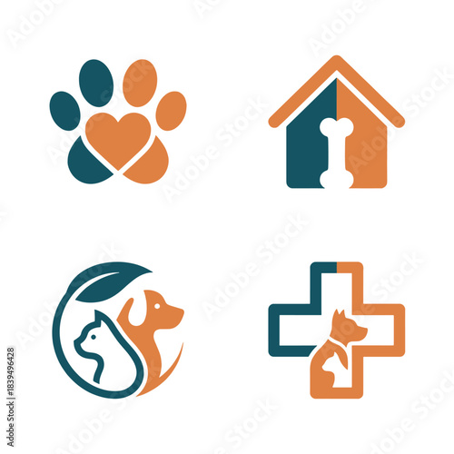 Modern Pet Veterinary Animal Care Logo set features Dog, Cat, Paw, and Health Icon designs, perfect for clinics or services.