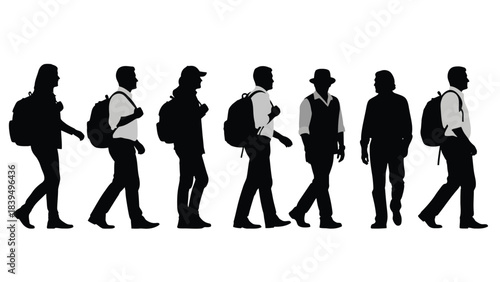 A line of silhouetted people walking each carrying a backpack or bag