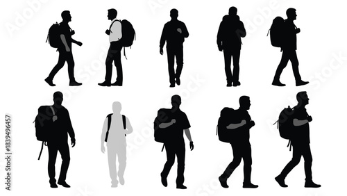 Silhouettes of people walking with backpacks diverse poses and perspectives