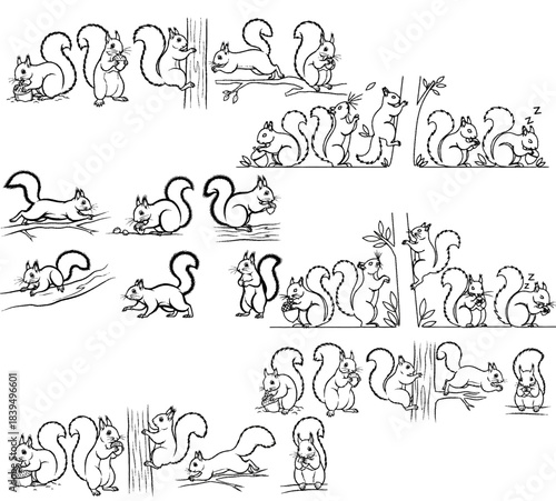 Squirrels Adventures: A collection of various playful squirrel illustrations showcasing their daily activities, including foraging, climbing, and resting.