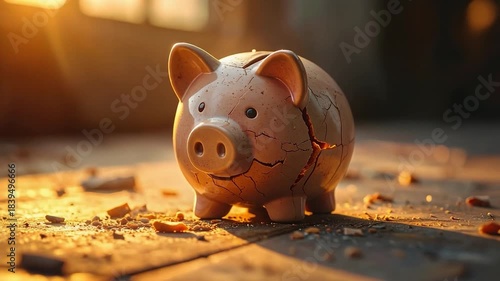 Broken Piggy Bank: A poignant image of a shattered piggy bank, symbolizing financial vulnerability and the consequences of economic hardship, lying amidst scattered debris.