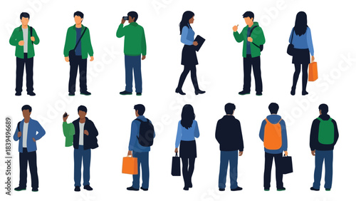 Diverse group of people in casual attire depicted as flat vector illustrations