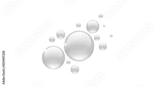 A cluster of realistic, transparent spheres or bubbles of varying sizes, isolated and floating against a clean white background. Each glossy orb reflects light with a subtle shine, creating a fresh.