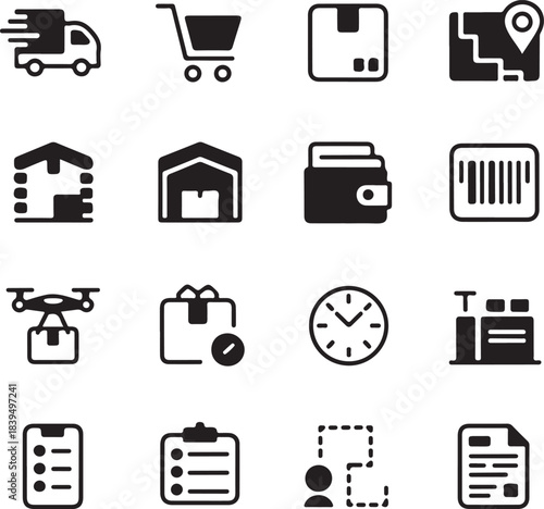 Delivery and logistics icons including truck shopping cart package drone and map delivery truck