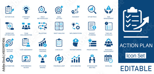 Action Plan and Project Management solid icon set. Includes symbols for Strategic Planning, Agile Methodology, SWOT Analysis, and Team Collaboration. Solid vector icons for business goals and workflow