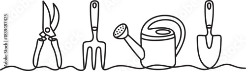 Collection of essential gardening tools line drawing design featuring shears fork watering can and shovel isolated vector