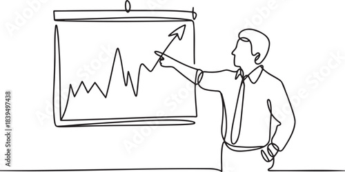 Businessman presenting financial growth chart showing successful profit increase continuous line drawing vector isolated on background