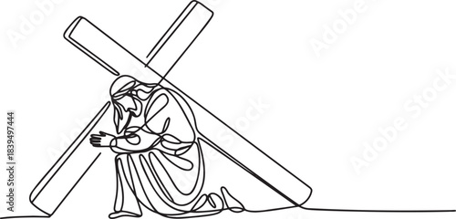 Continuous line drawing jesus christ carrying cross symbol of christianity and easter lent season