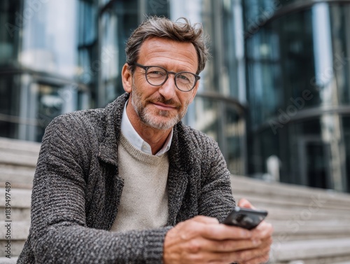 Wallpaper Mural Successful businessman using his smart phone man sitting on steps of building using mobile phone Elegant business man in eyeglasses using cell phone outdoors in urban area Torontodigital.ca
