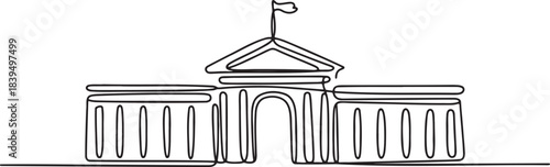 Continuous line drawing of a government building with columns and a flag on top representing authority and education