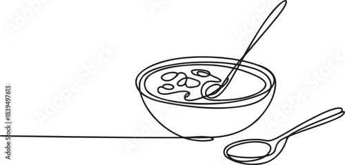 Continuous line drawing of bowl of soup with spoon and long serving line