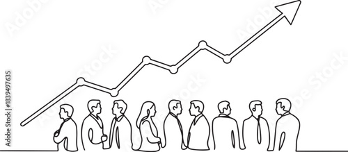 Continuous line drawing of business people standing under an ascending growth graph and rising arrow