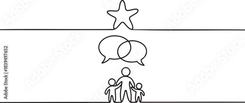 Continuous line drawing of communication success reaching a top star award with family or community support