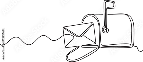Continuous line drawing of classic open mailbox with envelope mail inside simple design vector illustration on transparent background