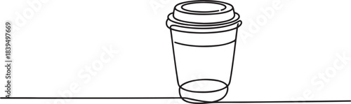 Continuous line drawing of disposable takeaway coffee cup with lid hot beverage morning routine concept