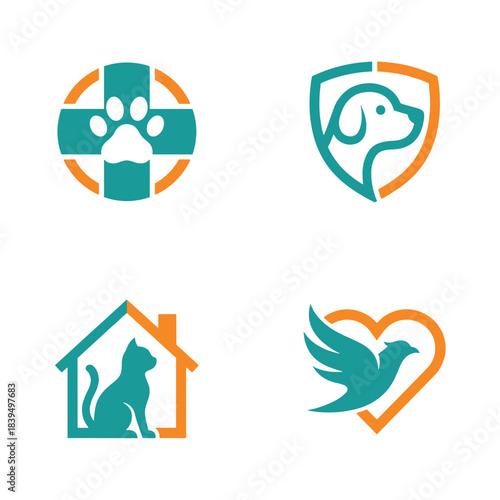Modern pet and animal logo set, featuring veterinary care symbols for dog, cat, rescue, and shelter welfare organizations in teal and orange flat design.