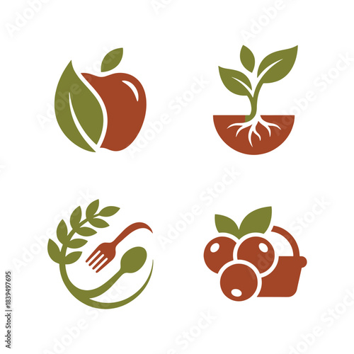 Collection of vector icons depicting healthy food, organic agriculture, and natural nutrition. Featuring green and brown elements, perfect for food branding.