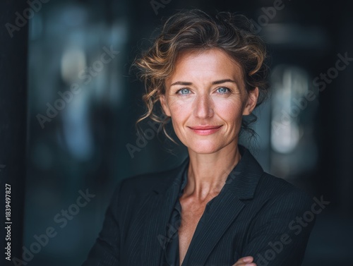 Wallpaper Mural Confident Mature Businesswoman Smiling in an Office Environment Standing with Her Arms Crossed and Wearing Professional Attire and a Dark Gray Blazer with Light Coming From Behind Torontodigital.ca
