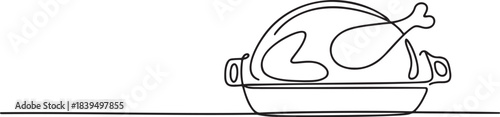 Continuous line drawing of roasted turkey or chicken in a baking dish perfect for thanksgiving dinner