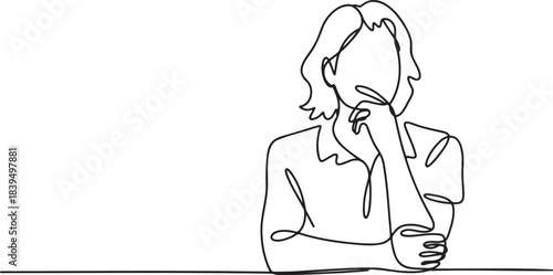 Continuous line drawing of thoughtful woman contemplating solution single line art minimal style vector illustration