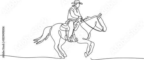 Continuous one line drawing of cowboy rider wearing traditional hat saddled on galloping horse western equestrian sport