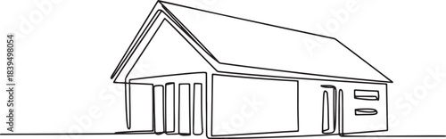 Continuous single line drawing of a small family house structure with sloping roof and entryway