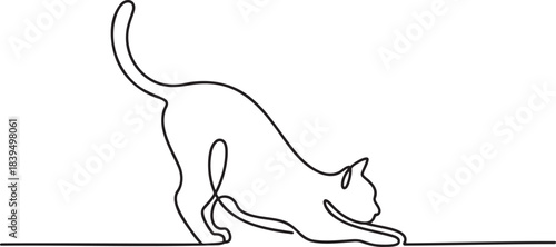 Minimalist continuous line drawing of domestic cat stretching and playing simple one line animal art