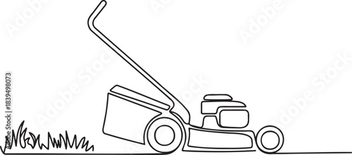 Minimalist line art illustration depicting modern push lawn mower used for yard maintenance and essential gardening chores