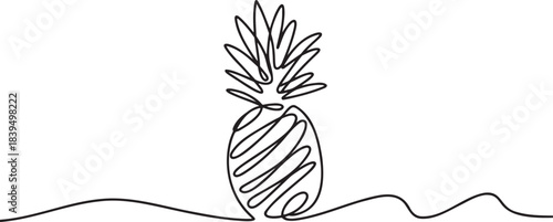Single continuous line art drawing of whole tropical exotic pineapple fruit symbolizing summer vacation and healthy lifestyle design element