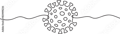 Single continuous line art drawing of coronavirus particle virus cell for medical illustration and global pandemic awareness