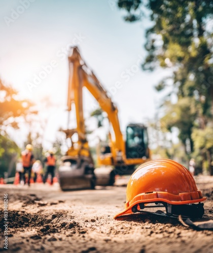 Construction site with safety helmet and machinery under sunlight 