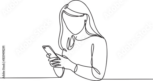 Woman holding smartphone browsing social media or texting message continuous single line drawing vector illustration isolated
